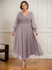 A-line V-Neck Tea-Length Chiffon Mother of the Bride Dress With Pleated