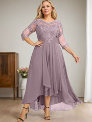 A-line Scoop Illusion Asymmetrical Lace Chiffon Mother of the Bride Dress With Cascading Ruffles