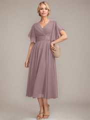 A-line V-Neck Tea-Length Chiffon Mother of the Bride Dress With Pleated Beading