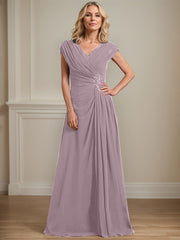 A-line V-Neck Floor-Length Chiffon Mother of the Bride Dress With Pleated Sequins Beading
