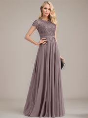A-line Scoop Illusion Floor-Length Lace Chiffon Mother of the Bride Dress