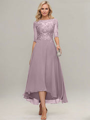 A-line Illusion Boat Neck Asymmetrical Chiffon Lace Mother of the Bride Dress With Sequins Beading
