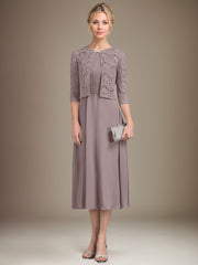 A-line Scoop Tea-Length Chiffon Mother of the Bride Dress With Pleated