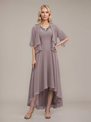 A-line V-Neck Asymmetrical Chiffon Mother of the Bride Dress With Beading Sequins