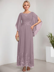A-line Scoop Illusion Ankle-Length Lace Chiffon Mother of the Bride Dress With Sequins