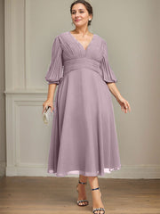 A-line V-Neck Tea-Length Chiffon Mother of the Bride Dress With Pleated