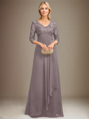 Empire V-Neck Floor-Length Lace Chiffon Mother of the Bride Dress With Cascading Ruffles Sequins