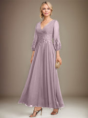 A-line V-Neck Ankle-Length Lace Chiffon Mother of the Bride Dress With Sequins