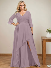 A-line V-Neck Floor-Length Chiffon Mother of the Bride Dress With Cascading Ruffles