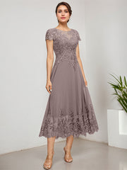 A-line Scoop Illusion Tea-Length Lace Chiffon Mother of the Bride Dress With Sequins