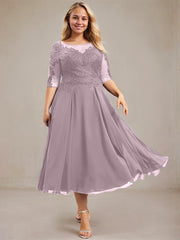 A-line Scoop Illusion Tea-Length Lace Chiffon Mother of the Bride Dress With Sequins