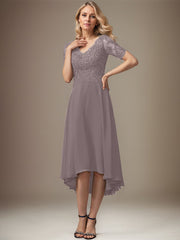 A-line V-Neck Asymmetrical Lace Chiffon Mother of the Bride Dress With Sequins
