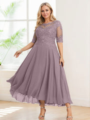 A-line Illusion Boat Neck Asymmetrical Chiffon Lace Mother of the Bride Dress With Sequins Beading