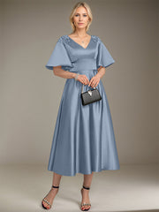 A-line V-Neck Tea-Length Satin Mother of the Bride Dress With Beading