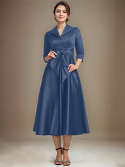 A-line V-Neck Collared Tea-Length Satin Mother of the Bride Dress