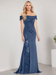 A-Line Off the Shoulder Floor-Length Chiffon Mother of the Bride Dress Applique Beadings Mermaid Dress With  High Split