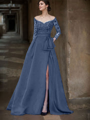 A-Line Off-The-Shoulder 3/4 Sleeves Sweep Train Lace/Satin Mother Of The Bride Dresses With Split Front