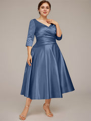A-line V-Neck Tea-Length Satin Mother of the Bride Dress With Pleated