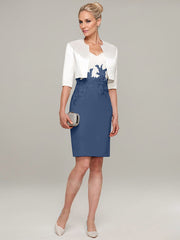 Sheath/Column V-Neck Knee-Length Satin Mother of the Bride Dress With Jacket Appliqued