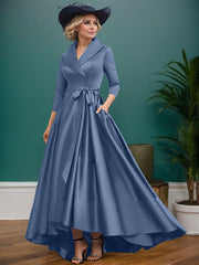 A-Line V-Neck 3/4 Sleeves Satin Mother Of The Bride Dresses With Pockets