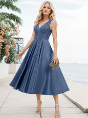 A-Line V-Neck Sleeveless Tea-Length Satin Mother Of The Bride Dresses With Lace
