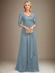 Empire V-Neck Floor-Length Lace Chiffon Mother of the Bride Dress With Cascading Ruffles Sequins