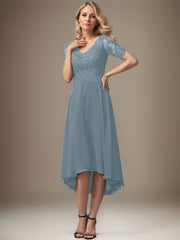 A-line V-Neck Asymmetrical Lace Chiffon Mother of the Bride Dress With Sequins