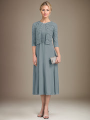 A-line Scoop Tea-Length Chiffon Mother of the Bride Dress With Pleated