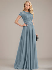 A-line Scoop Illusion Floor-Length Lace Chiffon Mother of the Bride Dress