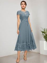 A-line Scoop Illusion Tea-Length Lace Chiffon Mother of the Bride Dress With Sequins
