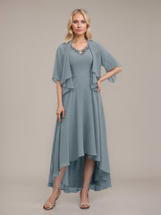 A-line V-Neck Asymmetrical Chiffon Mother of the Bride Dress With Beading Sequins