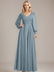 A-line V-Neck Floor-Length Chiffon Mother of the Bride Dress With Sequins Appliques Lace Pleated