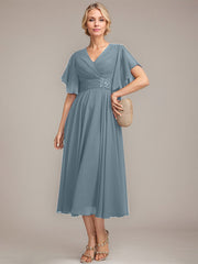 A-line V-Neck Tea-Length Chiffon Mother of the Bride Dress With Pleated Beading