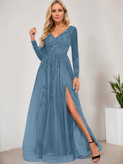 A-line V-Neck Floor-Length Tulle Prom Dresses With Sequins Appliques Lace Beading
