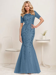 Floral Sequin Print Maxi Long Fishtail Tulle Mother Of The Bride Dresses