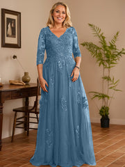 A-line V-Neck Floor-Length Tulle Lace Mother of the Bride Dress With Sequins