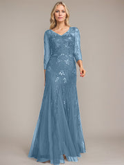 Trumpet/Mermaid Illusion V-Neck Floor-Length Tulle Sequin Lace Mother of the Bride Dress