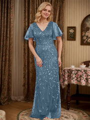 Sheath V-neck Short Sleeves Floor-Length Lace Mother of the Bride Dress