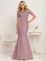 Floral Sequin Print Maxi Long Fishtail Tulle Mother Of The Bride Dresses