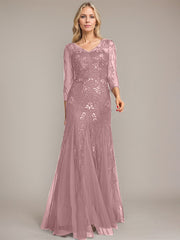 Trumpet/Mermaid Illusion V-Neck Floor-Length Tulle Sequin Lace Mother of the Bride Dress