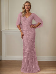 Sheath V-Neck Floor-Length Tulle Mother of the Bride Dress