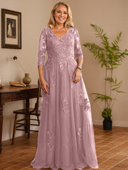 A-line V-Neck Floor-Length Tulle Lace Mother of the Bride Dress With Sequins