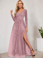 A-line V-Neck Floor-Length Tulle Prom Dresses With Sequins Appliques Lace Beading