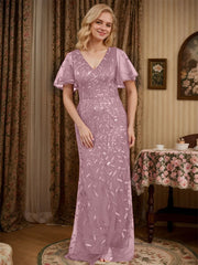 Sheath V-neck Short Sleeves Floor-Length Lace Mother of the Bride Dress