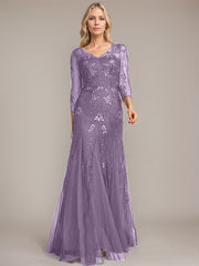 Trumpet/Mermaid Illusion V-Neck Floor-Length Tulle Sequin Lace Mother of the Bride Dress