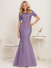 Floral Sequin Print Maxi Long Fishtail Tulle Mother Of The Bride Dresses