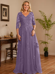 A-line V-Neck Floor-Length Tulle Lace Mother of the Bride Dress With Sequins