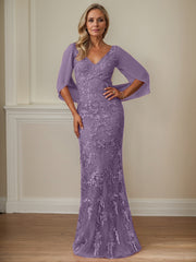 Sheath V-Neck Floor-Length Tulle Mother of the Bride Dress