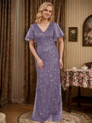 Sheath V-neck Short Sleeves Floor-Length Lace Mother of the Bride Dress