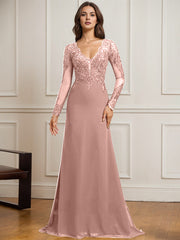 Sheath/Column V-Neck Detachable Sweep Train Lace Tulle Chiffon Mother of the Bride Dress With Sequins